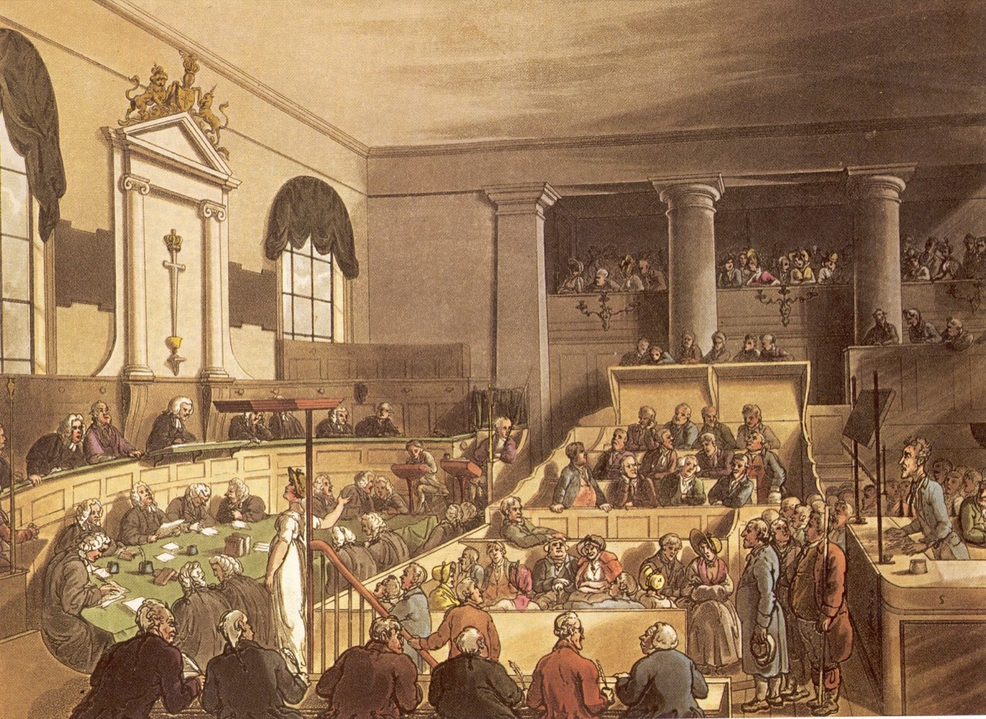 Hand-coloured engraving of a crowded trial in session at the Old Bailey courtroom, London, 1808